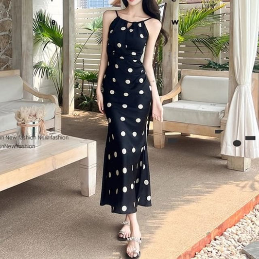 Spaghetti Strap Dotted Mermaid Dress / Cardigan