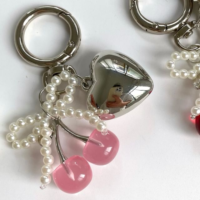 Cherry Resin Beaded Bow Heart Alloy Bag Charm Keyring