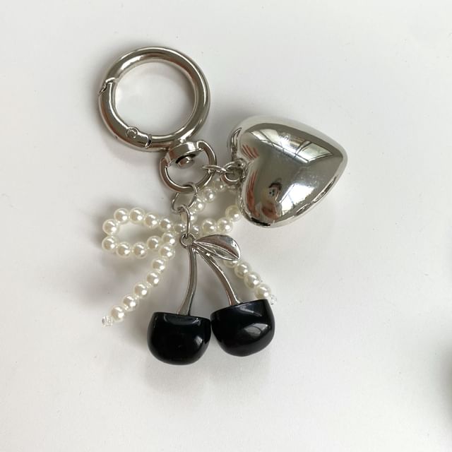 Cherry Resin Beaded Bow Heart Alloy Bag Charm Keyring
