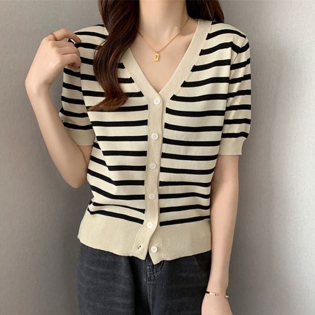 Short Sleeve V-Neck Striped Cardigan