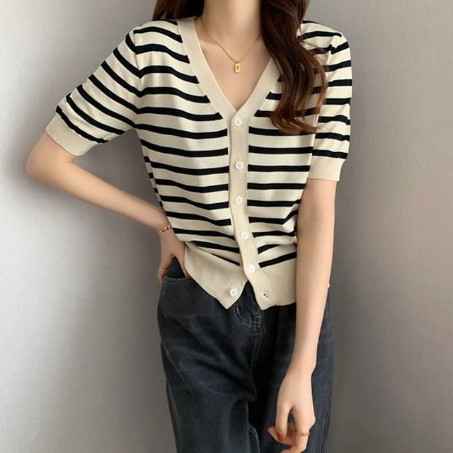 Short Sleeve V-Neck Striped Cardigan