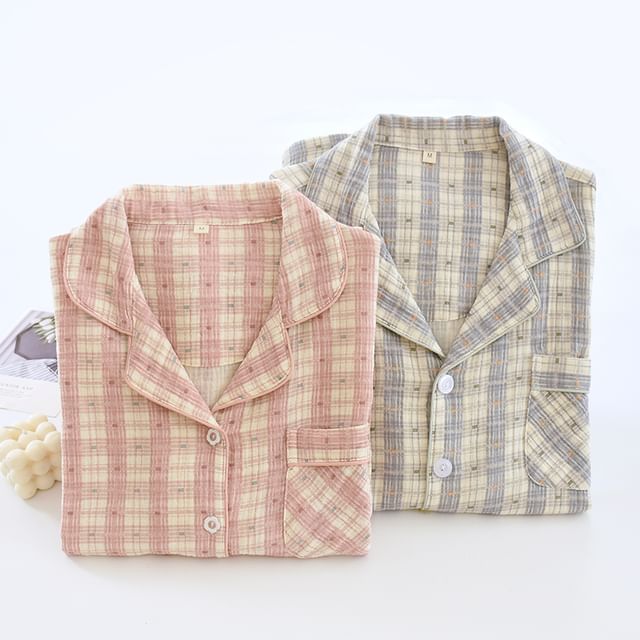 Couple Matching Lapel Collar Plaid Button Pajama Top / Lounge Shorts / Pants (Various Designs)