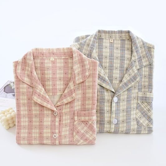 Couple Matching Lapel Collar Plaid Button Pajama Top / Lounge Shorts / Pants (Various Designs)