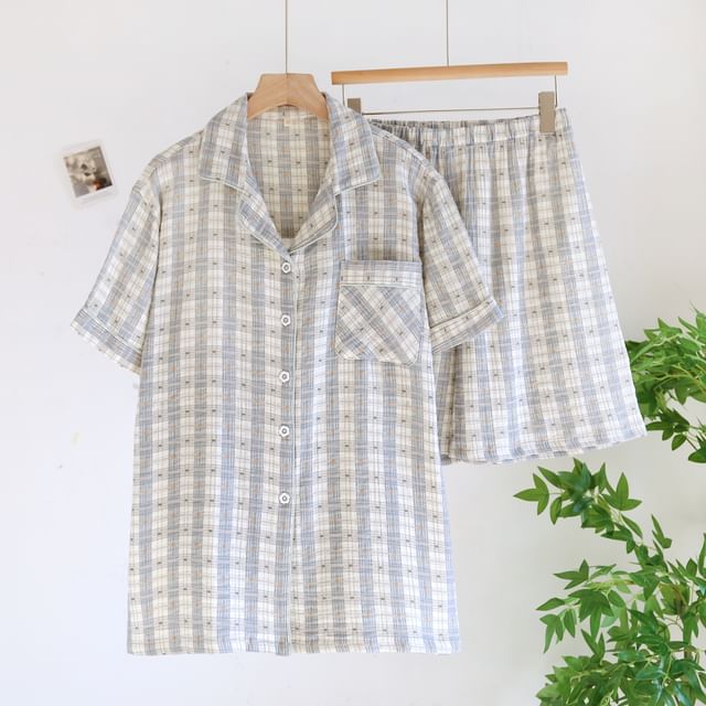 Couple Matching Lapel Collar Plaid Button Pajama Top / Lounge Shorts / Pants (Various Designs)