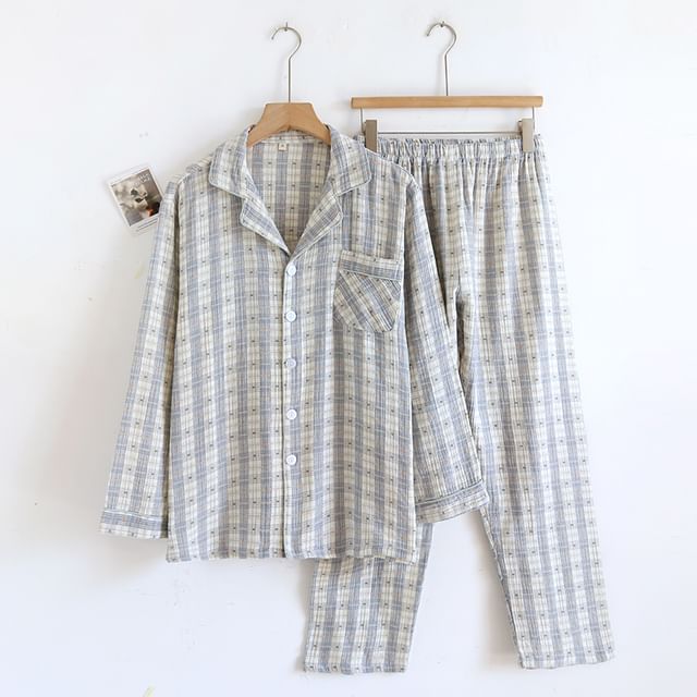 Couple Matching Lapel Collar Plaid Button Pajama Top / Lounge Shorts / Pants (Various Designs)