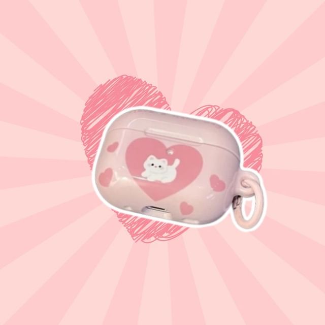 Heart Cat Apple AirPods / Pro Earphone Case Skin / Pom Pom Charm / Set