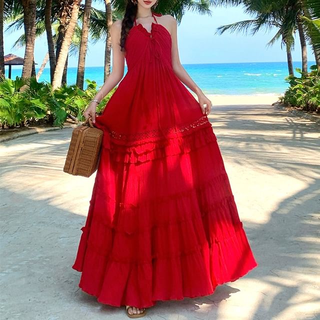 Black Halter Open Back Ruffle Tiered Maxi Dress - Altfashion Shop