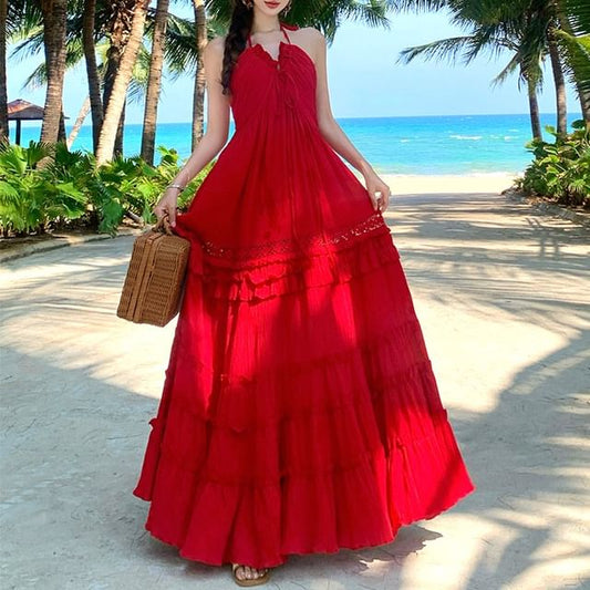 Black Halter Open Back Ruffle Tiered Maxi Dress - Altfashion Shop