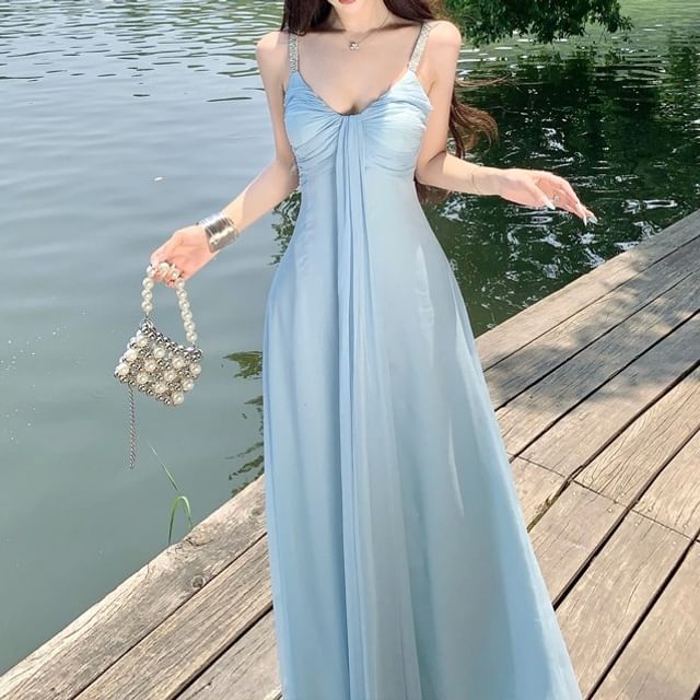 Black Spaghetti Strap Knot Rhinestone Maxi Dress - Altfashion Shop