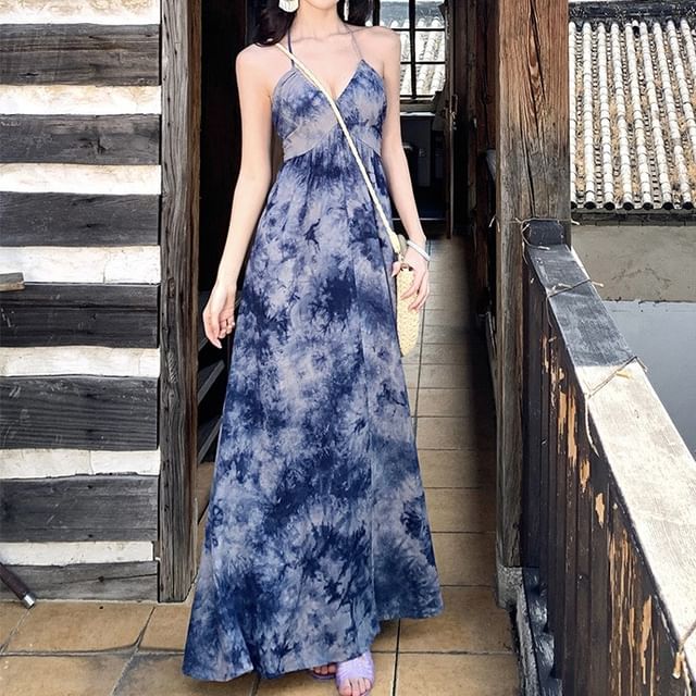 Tie Dye Halter Maxi Sundress - Altfashion Shop