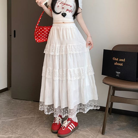 Lace Trim Tiered Midi A-Line Skirt with High Waist