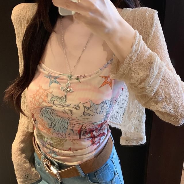 Plain Cropped Cardigan & Lace Cropped Camisole