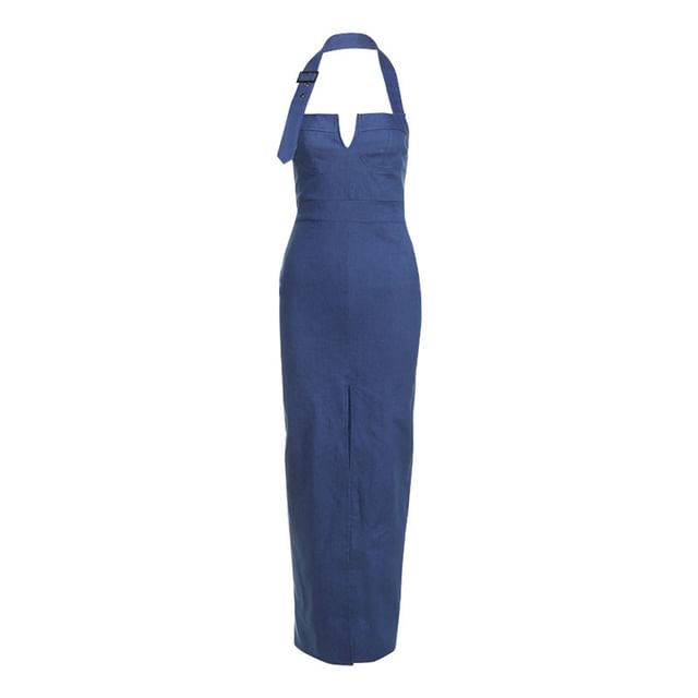 Denim Halter Neck Slit Bodycon Maxi Dress - Altfashion Shop