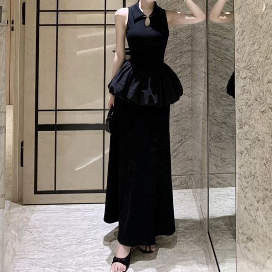 Black Collared Peplum Keyhole Maxi A-Line Dress - Altfashion Shop