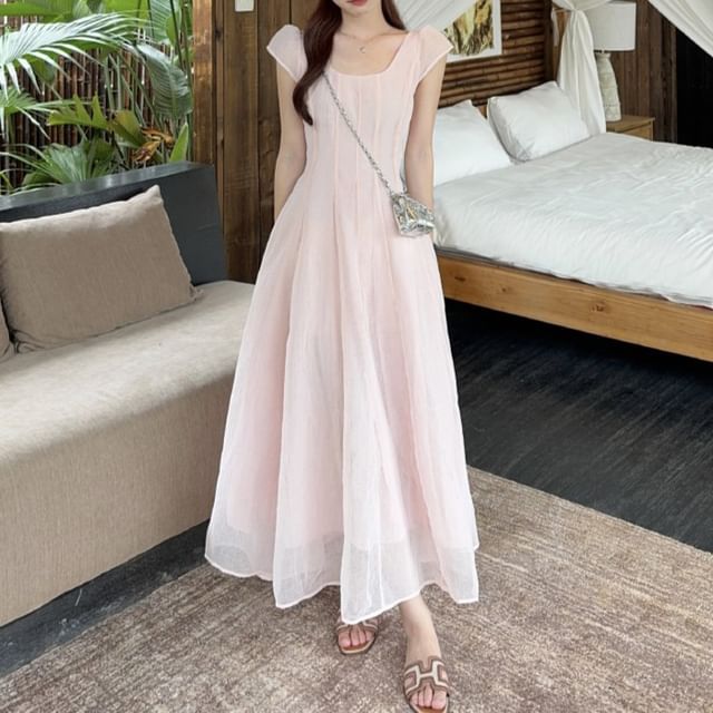 Black Cap Sleeve Square Neck Maxi A-Line Dress - Altfashion Shop