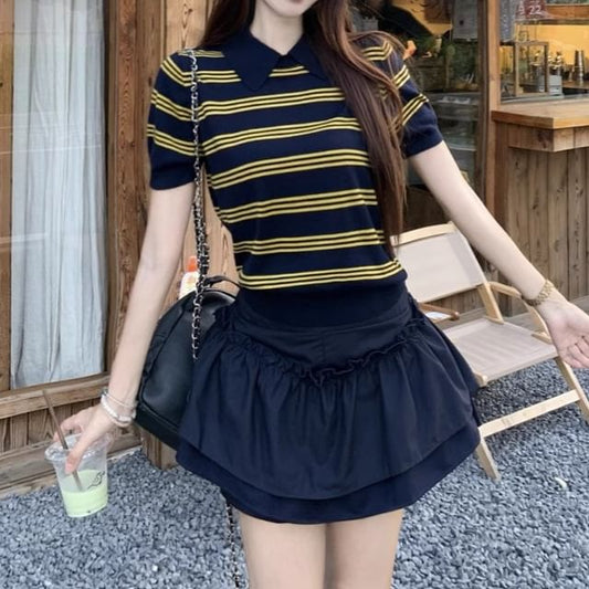 Striped Knit Collared Short Sleeve Top and Ruffle A-Line Mini Skirt