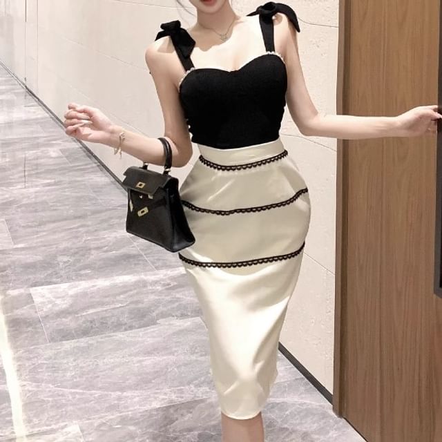 Lace Trim Shoulder Tie Camisole Top and Midi Pencil Skirt