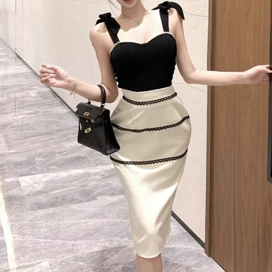 Lace Trim Shoulder Tie Camisole Top and Midi Pencil Skirt