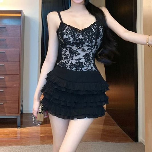 Lace Camisole Top and Tiered Mini A-Line Skort