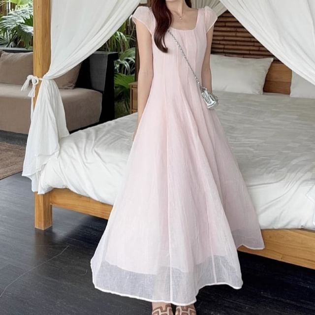 Black Cap Sleeve Square Neck Maxi A-Line Dress - Altfashion Shop
