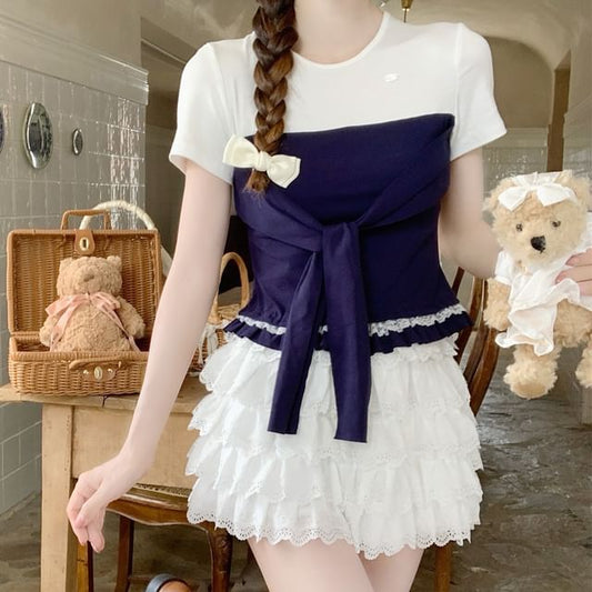 Mock Two-Piece Two-Tone Lace-Trimmed Tie-Front Crop Tee