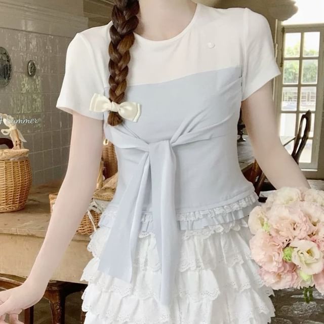 Mock Two-Piece Two-Tone Lace-Trimmed Tie-Front Crop Tee