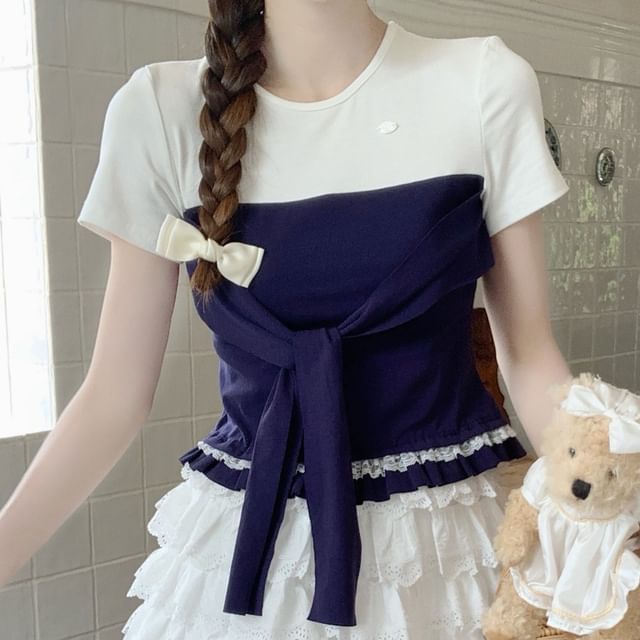 Mock Two-Piece Two-Tone Lace-Trimmed Tie-Front Crop Tee