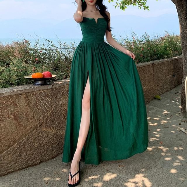 Black Spaghetti Strap Ruched Slit Maxi Dress - Altfashion Shop