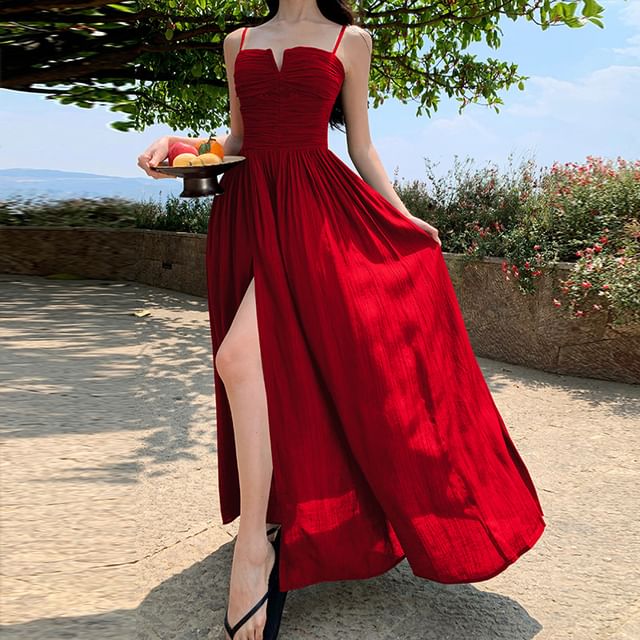 Black Spaghetti Strap Ruched Slit Maxi Dress - Altfashion Shop