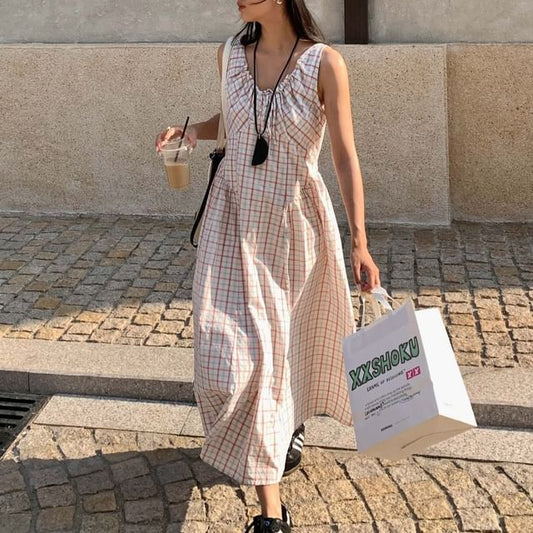 Plaid V-Neck Sleeveless Maxi A-Line Dress - Altfashion Shop