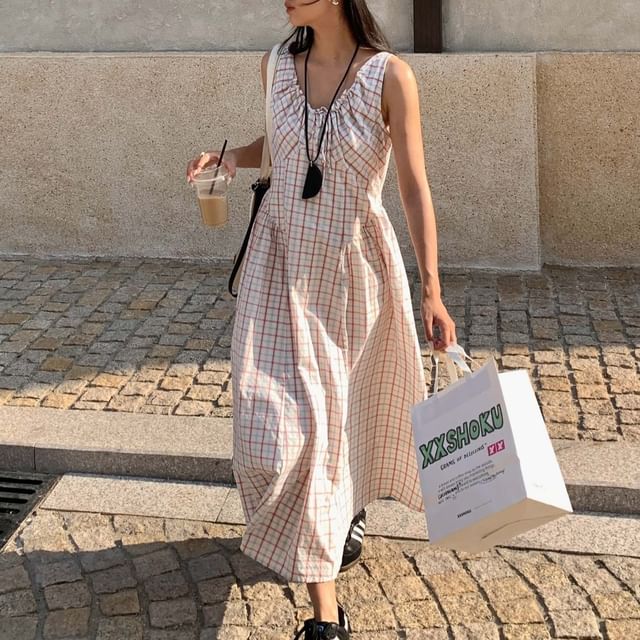 Plaid V-Neck Sleeveless Maxi A-Line Dress - Altfashion Shop