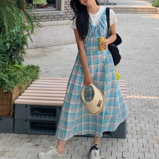 Plaid V-Neck Sleeveless Maxi A-Line Dress - Altfashion Shop