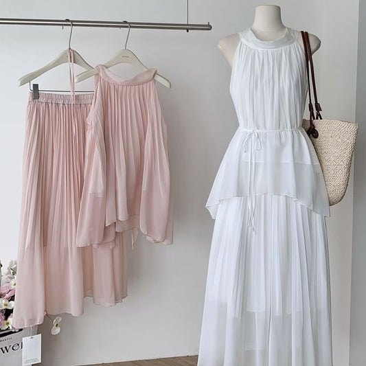Halter Asymmetrical Blouse and Maxi A-Line Skirt Set