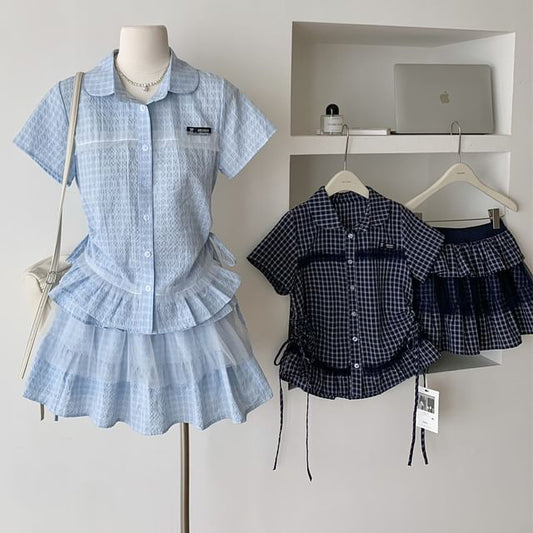 Plaid Mesh Panel Peplum Shirt and Pleated Mini Skirt Set