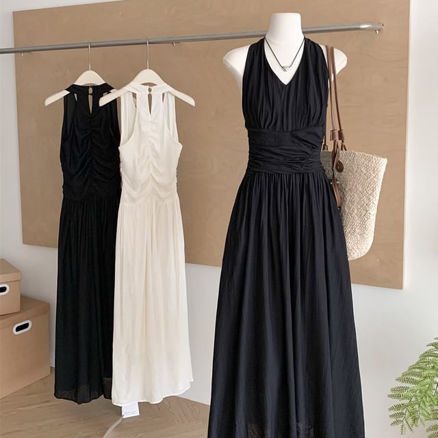 Black Halter Ruched A-Line Maxi Dress - Altfashion Shop