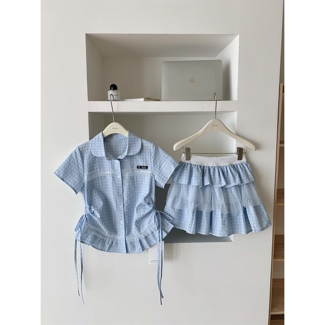Plaid Mesh Panel Peplum Shirt and Pleated Mini Skirt Set