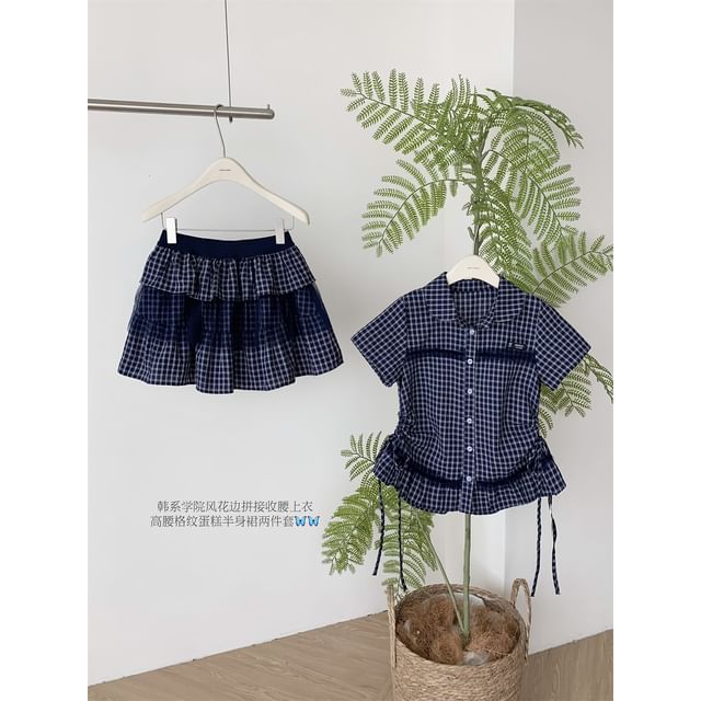 Plaid Mesh Panel Peplum Shirt and Pleated Mini Skirt Set