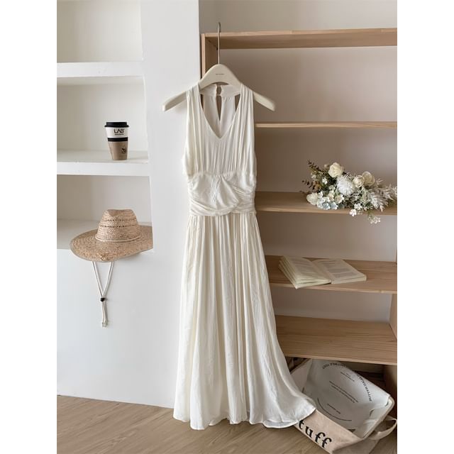Black Halter Ruched A-Line Maxi Dress - Altfashion Shop