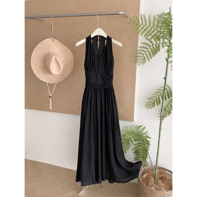 Black Halter Ruched A-Line Maxi Dress - Altfashion Shop