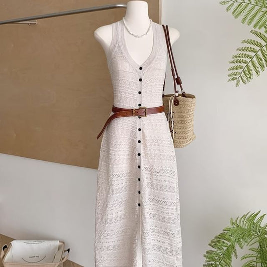 Black V-Neck Perforated Knit Maxi Dress with Belt - Altfashion Shop