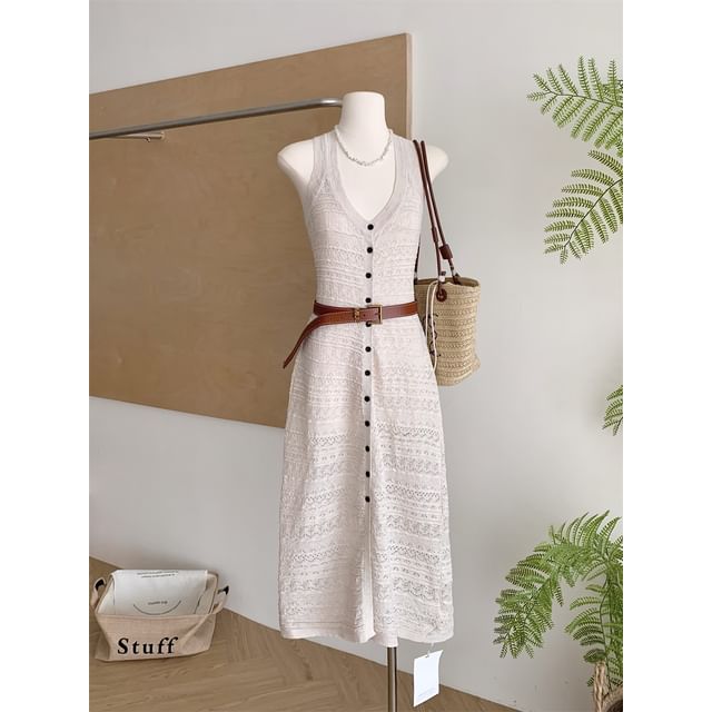 Black V-Neck Perforated Knit Maxi Dress with Belt - Altfashion Shop