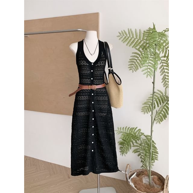 Black V-Neck Perforated Knit Maxi Dress with Belt - Altfashion Shop