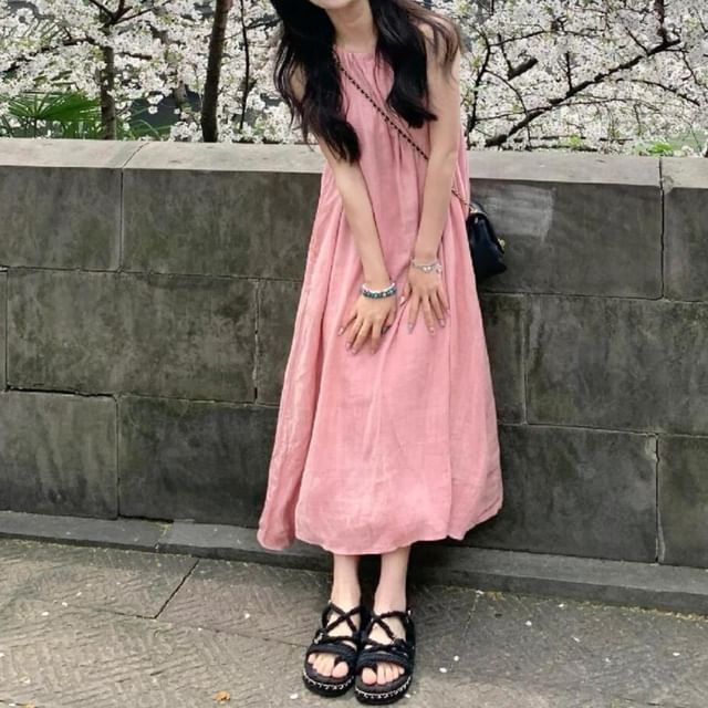 Black Sleeveless Crewneck A-Line Maxi Dress - Altfashion Shop