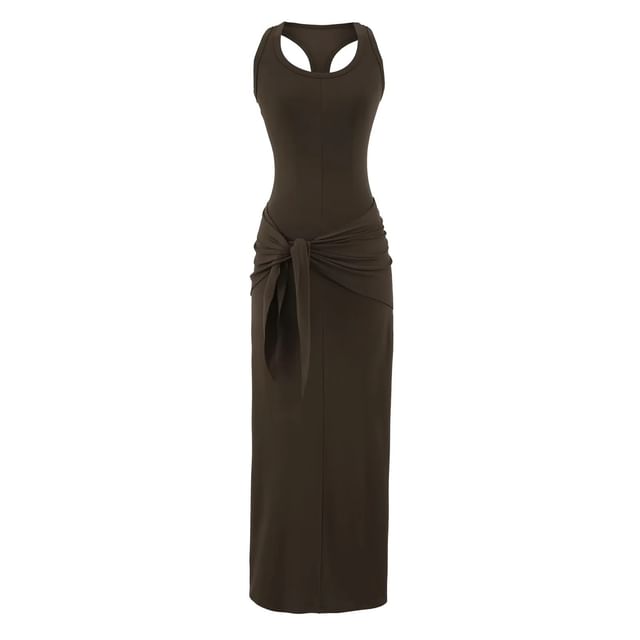 Black Scoop Neck Racerback Tank Dress with Scarf - Altfashion Shop