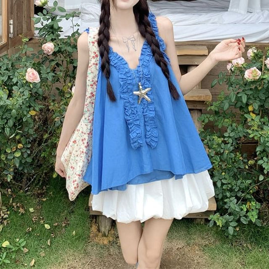 V-Neck Plain Ruffle Cami Top with High Waist Plain Mini A-Line Balloon Skirt