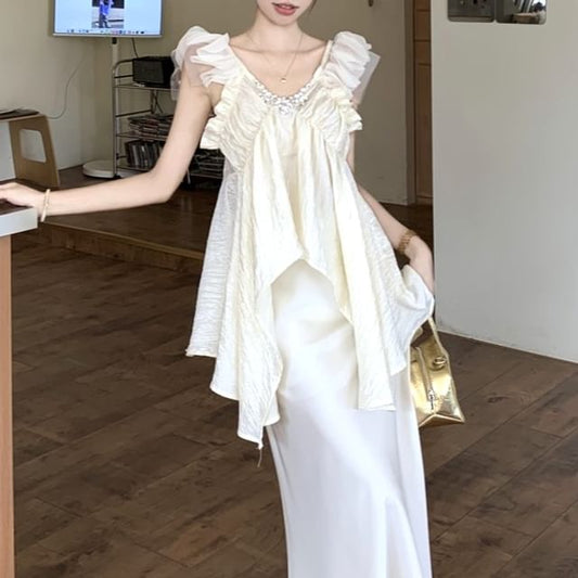 Sleeveless V-Neck Rhinestone Ruched Top & Satin Maxi Fishtail Skirt