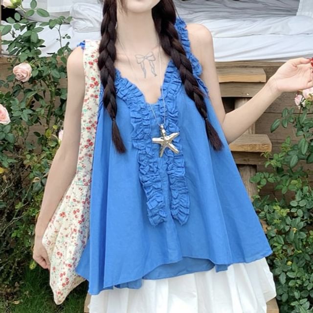 V-Neck Plain Ruffle Cami Top with High Waist Plain Mini A-Line Balloon Skirt