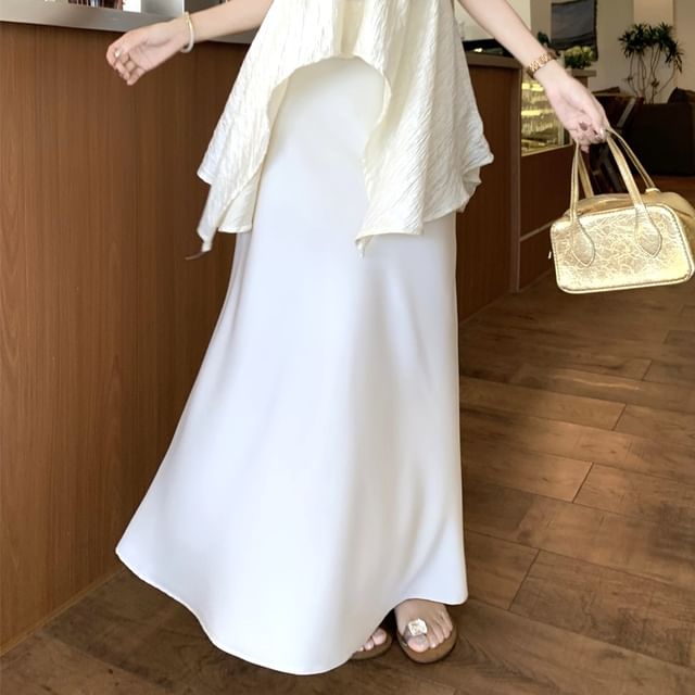 Sleeveless V-Neck Rhinestone Ruched Top & Satin Maxi Fishtail Skirt