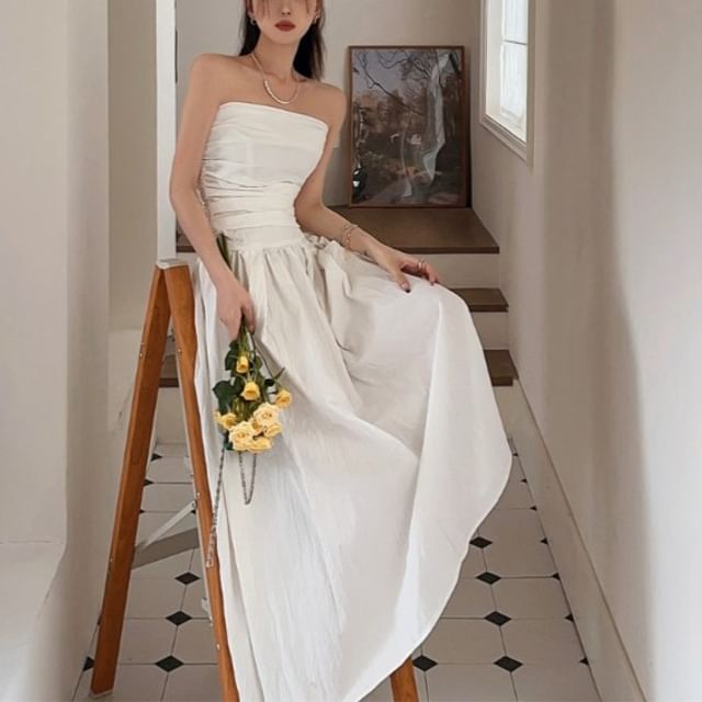 Black Strapless Ruched Maxi A-Line Dress - Altfashion Shop