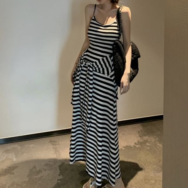 Striped V-Neck Spaghetti Strap Maxi A-Line Dress - Altfashion Shop